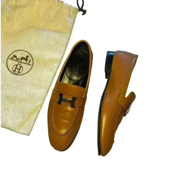 HERMES Paris Loafer 37 7 H Logo Silver Buckle Mules Natural Tan Black Sole - Picture 1 of 12